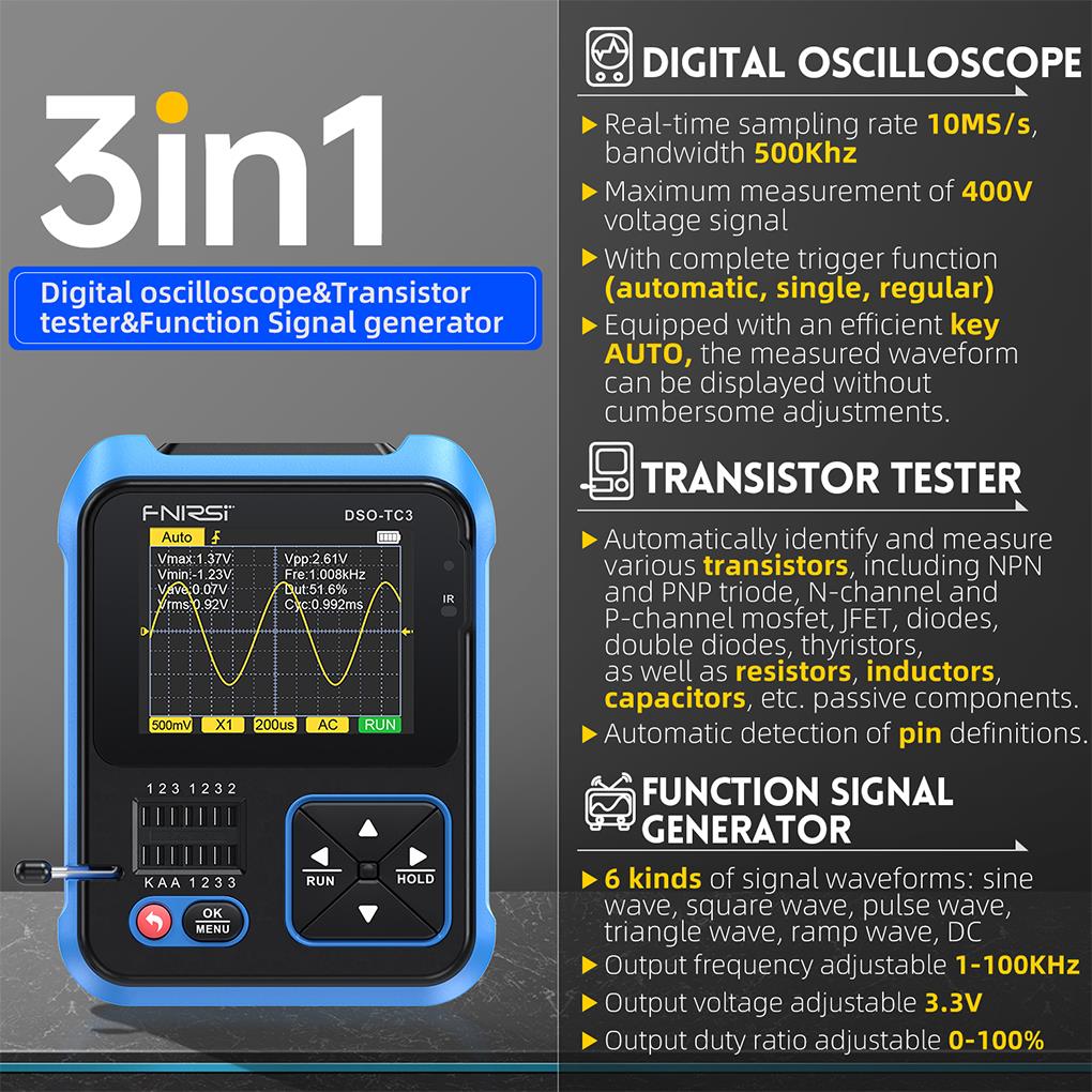 FNIRSI DSO-TC3 3in1 Mini Handh - Oscilloscope Dso Mini ulasan dan harga